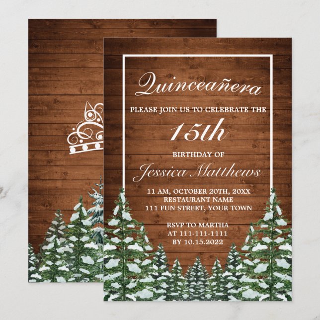 Snowy Forest & Wood Rural Gräs Tiara Quinceañera Inbjudningar (Fram/baksida)