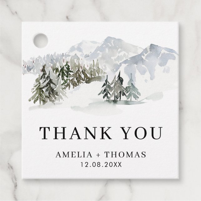 Snowy Forest Woodland Winter Wedding Tack Gåvor Etiketter (Framsida)