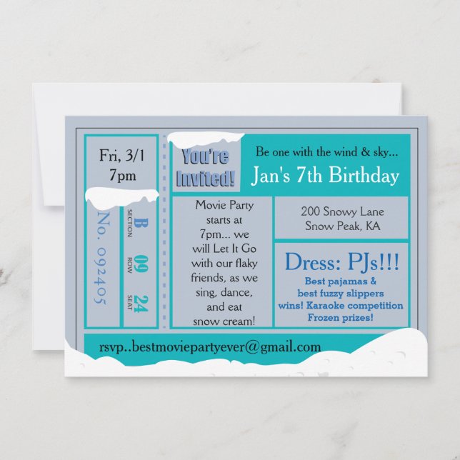 Snowy Frozen Birthday Movie Tix-inbjudan Inbjudningar (Framsida)