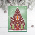 Snowy Gingertea House Grönt Non-Photo Julkort<br><div class="desc">Ursprunglig illustration av ett snögingerbrödhus med information om cookie träd och royal icing. Redigerbart hälsning; lägg till ditt eget meddelande eller foto på baksidan.</div>