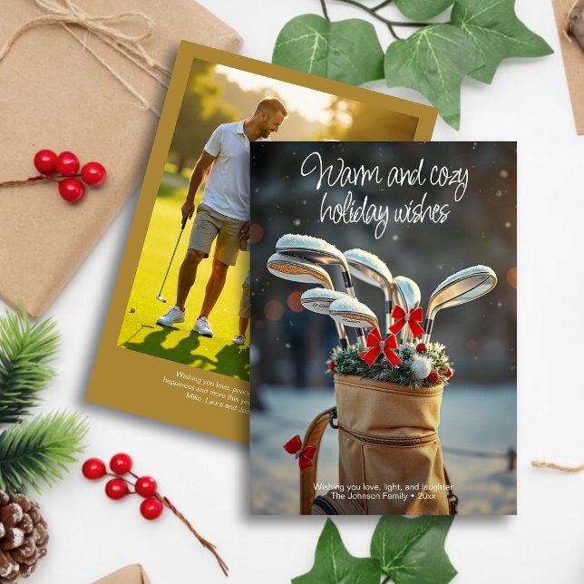 Snowy Golf Winter Season Wishe ・ Familjefoto Guld Julkort (Skapare uppladdad)
