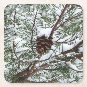 Snowy Gräs Cone II Winter Nature Fotography Underlägg Papper Kvadrat