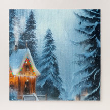 Snowy Gräs Forest med Cabin 20x20 Puzzle