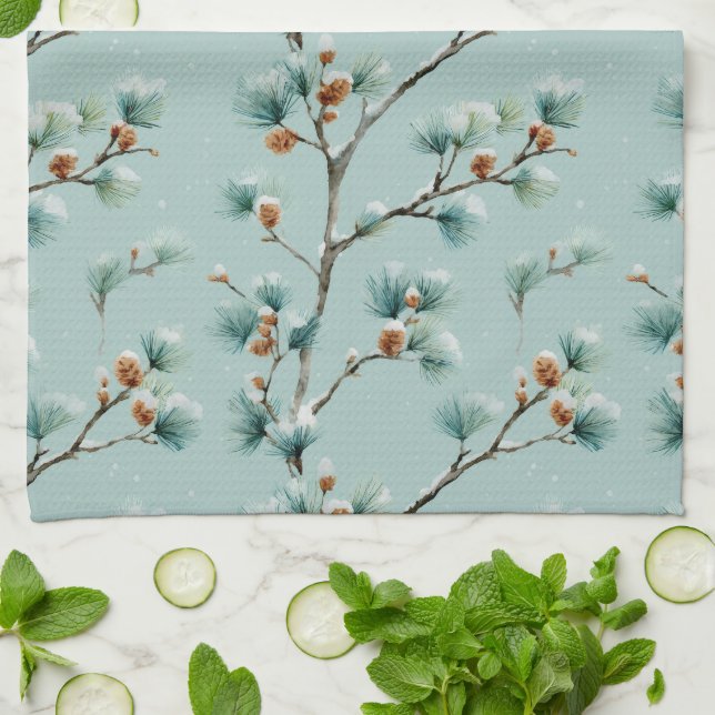 Snowy Gräs Grenar Winter Mönster Kökshandduk (Vikta)