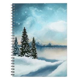 Snowy gräs träd nära sjö anteckningsbok