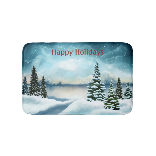 Snowy gräs träd nära sjö badrumsmatta (Framsidan)