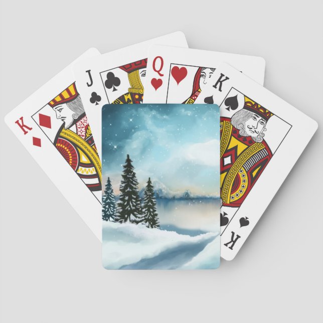 Snowy gräs träd nära sjö casinokort (Baksidan)