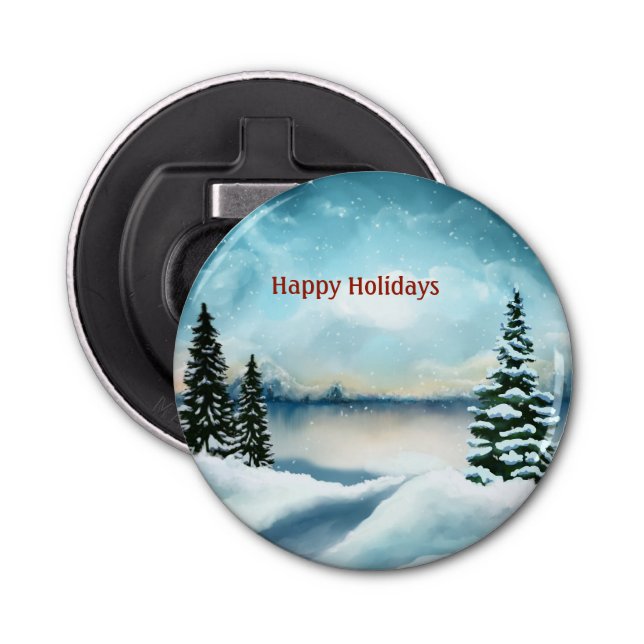 Snowy gräs träd nära sjö flasköppnare (Framsidan)