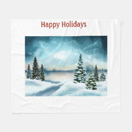 Snowy gräs träd nära sjö fleecefilt