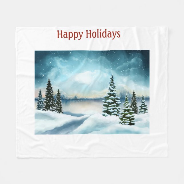 Snowy gräs träd nära sjö fleecefilt (Framsidan (Horisontell))