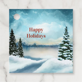 Snowy gräs träd nära sjö gåvor etiketter