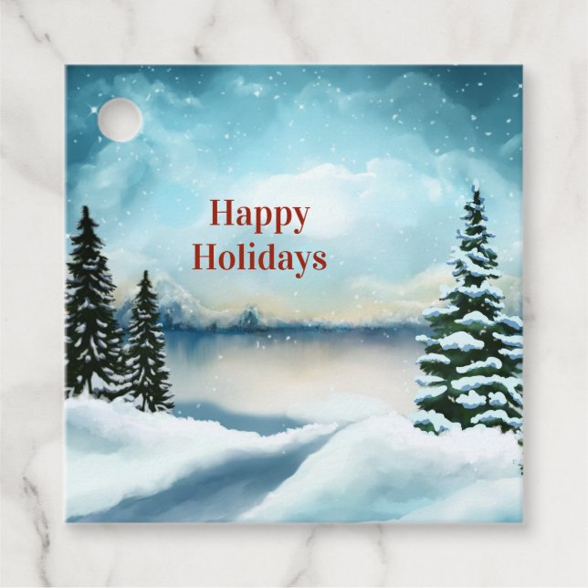 Snowy gräs träd nära sjö gåvor etiketter (Framsida)