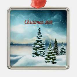 Snowy gräs träd nära sjö julgransprydnad metall