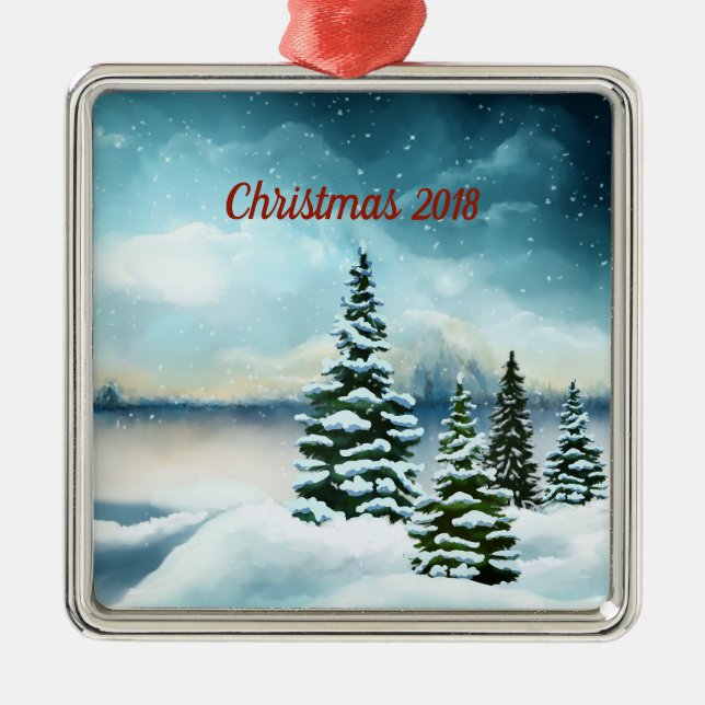 Snowy gräs träd nära sjö julgransprydnad metall (Framsidan)