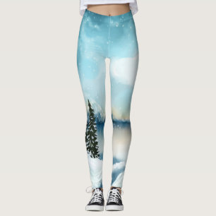 Snowy gräs träd nära sjö leggings