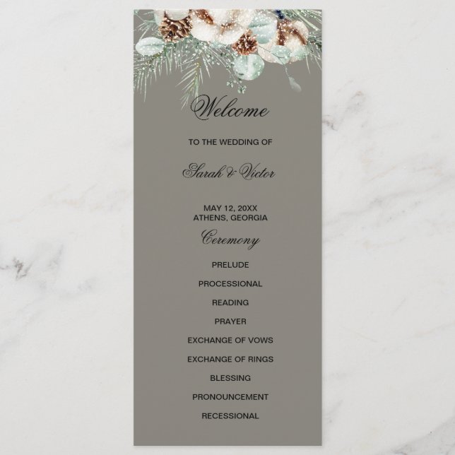 Snowy Greenery floral double side program card  (Framsida)