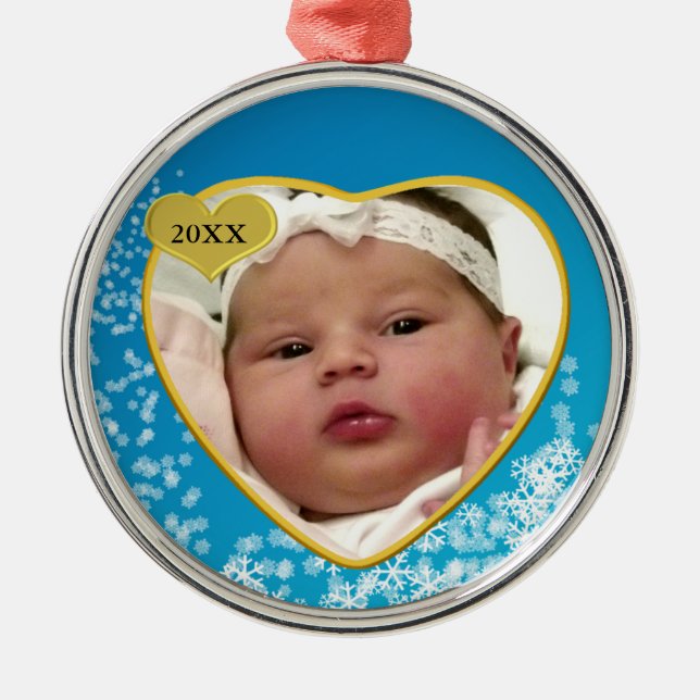 Snowy Himlar Blue Baby Första julfotfoto Heart Julgransprydnad Metall (Framsidan)