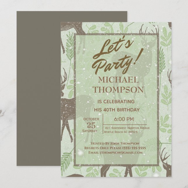 Snowy Hjort Hunter Födelsedagsfest inbjudan (Fram/baksida)