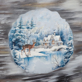 Snowy Hjort i Forest nära Sjö House i Winter Rund Kudde
