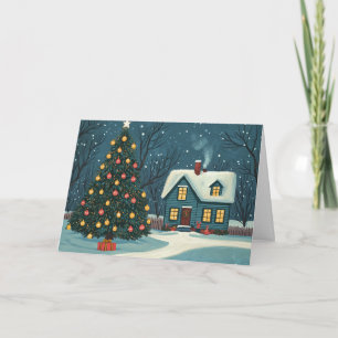 Snowy Houses & Lit Julgranar Kort
