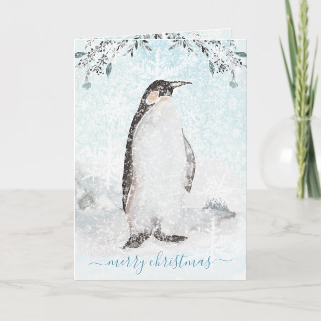 Snowy Isig Arctic Penguin Watercolor Helgdag Helgkort (Framsida)