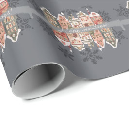 Snowy jul Houses Snöflingor Grått Presentpapper