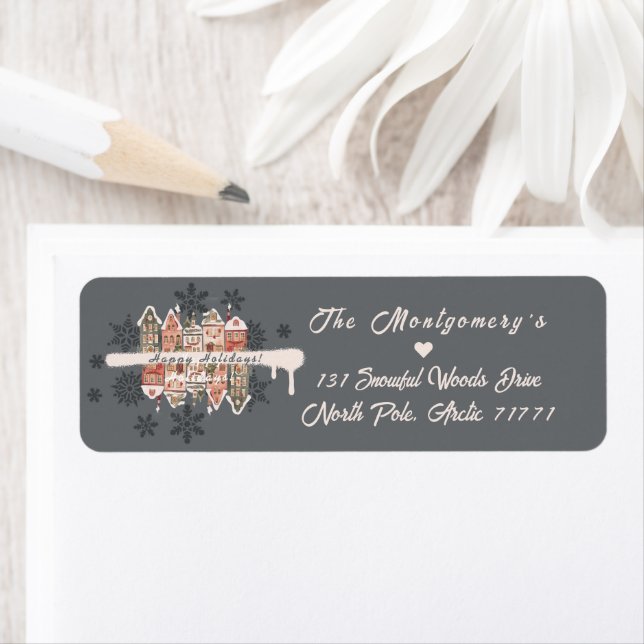 Snowy jul Houses Snöflingor Grått Return Returadress Etikett (Insitu)