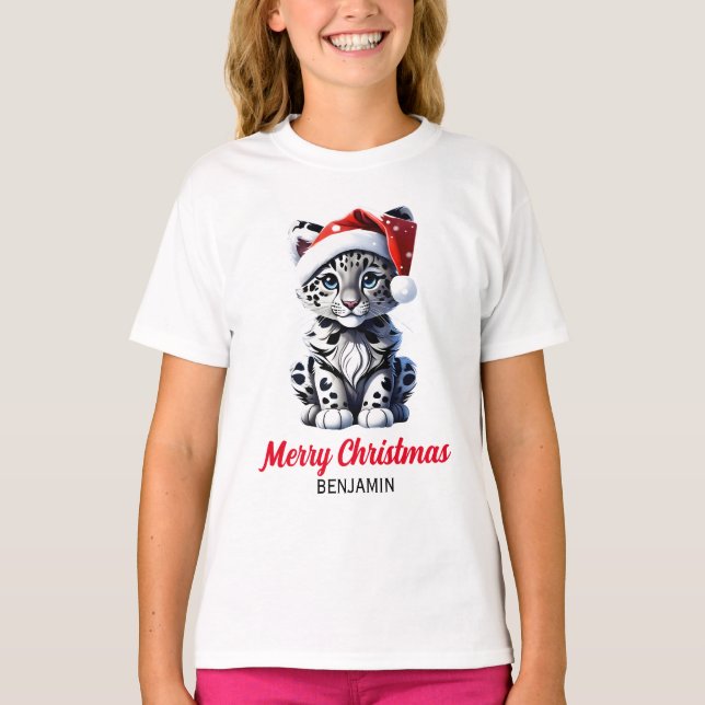 Snowy jul Santa Cute Snö Leopard Unge T Shirt (Framsida)