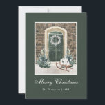 Snowy-juldörr Mörk grönt Julkort<br><div class="desc">Vi presenterar vårt fantastiska mörk grönt julkort som är designat för att ge helgdag åt dina nära och kära den här festsäsongen. Det här kortet har en vacker vattenfärgillustration av en ytterdörr till ett tegelhus med charmig Juldekorationer och kommer säkert att fånga julhelgens magi. Med anpassadet jul önskemål kan du...</div>
