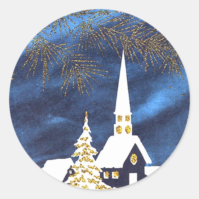 Snowy Julkyrkan Amen Stickers Runt Klistermärke (Framsida)