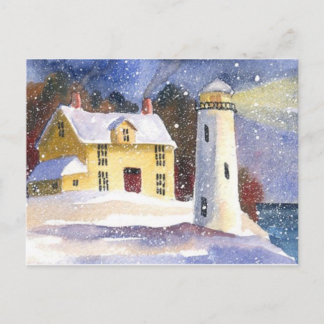 Snowy Lighthouse Winter Vykort (Framsida)