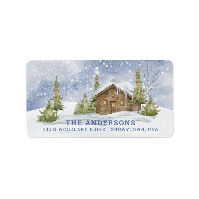 Snowy Log Cabin-etikett Adressetikett (Framsidan)