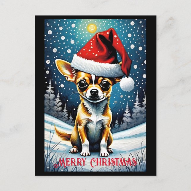 Snowy Meadow Cute Chihuahua Santa Jul Vykort (Framsida)