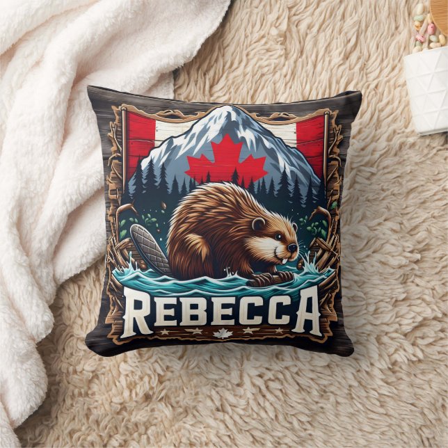 Snowy Mountain, Beaver, kanadensiska Flagga Kudde (Filt)