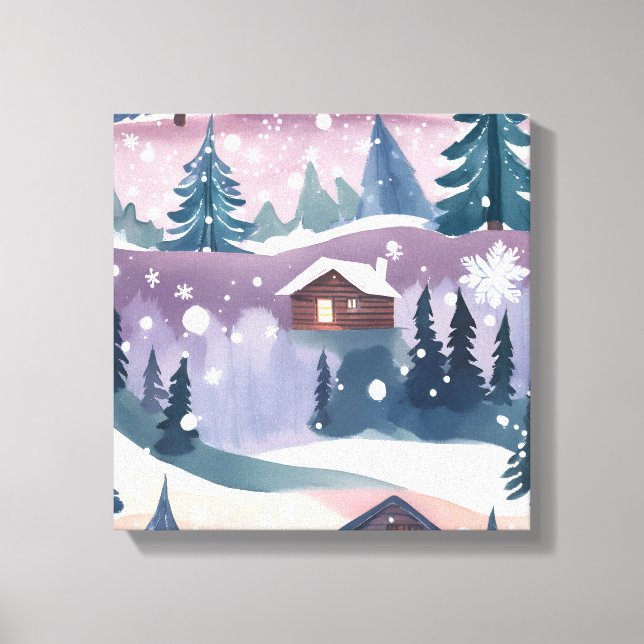 Snowy Mountain Cabin Watercolor Canvastryck (Framsida)