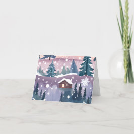 Snowy Mountain Cabin Watercolor Helgkort
