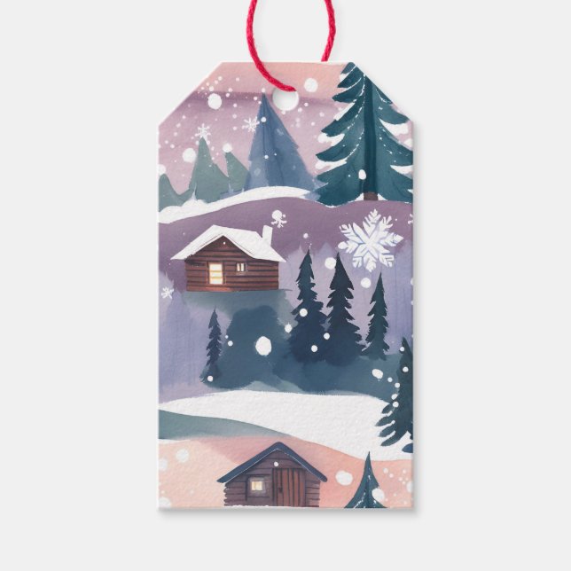 Snowy Mountain Cabin Watercolor Presentetikett (Framsidan)