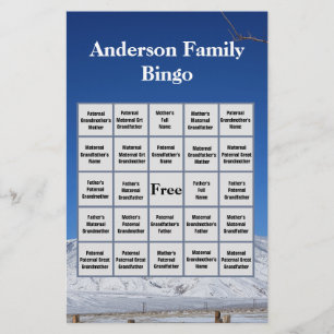 Snowy Mountain Family Namn och Photo Bingo Game Brevpapper