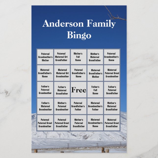 Snowy Mountain Family Namn och Photo Bingo Game Brevpapper (Framsida)