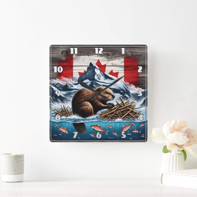Snowy Mountain, Ocean, Canadian Beaver Fyrkantig Klocka (Hem)