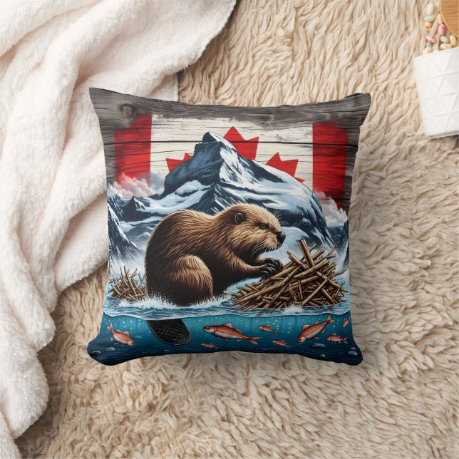 Snowy Mountain, Ocean, Canadian Beaver Kudde (Filt)