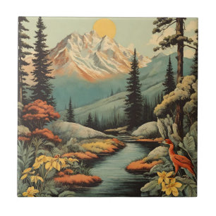 Snowy Mountain och Forest River Landscape Kakelplatta