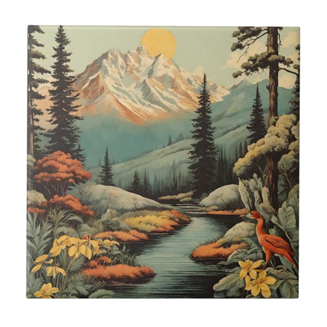 Snowy Mountain och Forest River Landscape Kakelplatta (Framsidan)