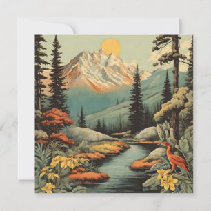 Snowy Mountain och Forest River Landscape Kort