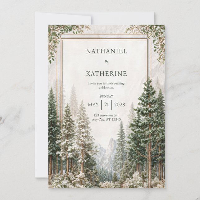 Snowy Mountain Pine Forest Wedding Inbjudningar (Framsida)