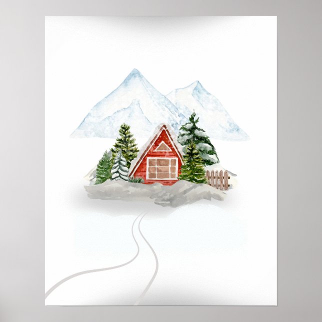 Snowy Mountain Retreat: Wooden House in Winter Poster (Framsidan)