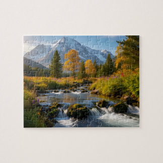 Snowy Mountain Stream Landscape Puzzle Pussel