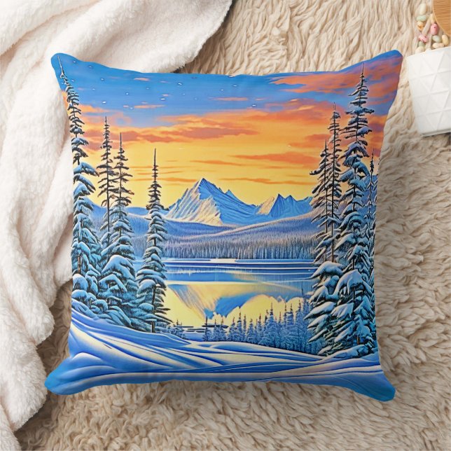 Snowy Mountain Sunset Glow Kudde (Filt)