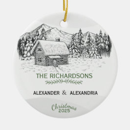 Snowy Mountain Winter Log Cabin Julgransprydnad Keramik