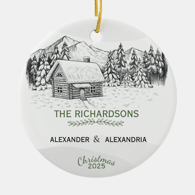 Snowy Mountain Winter Log Cabin Julgransprydnad Keramik (Framsidan)